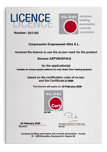 Certificat eu.bac Airzone AZPV8CB1IAQ